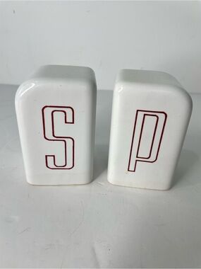 Vintage Art Deco Salt & Pepper Ceramic White Red Letters 3.25”